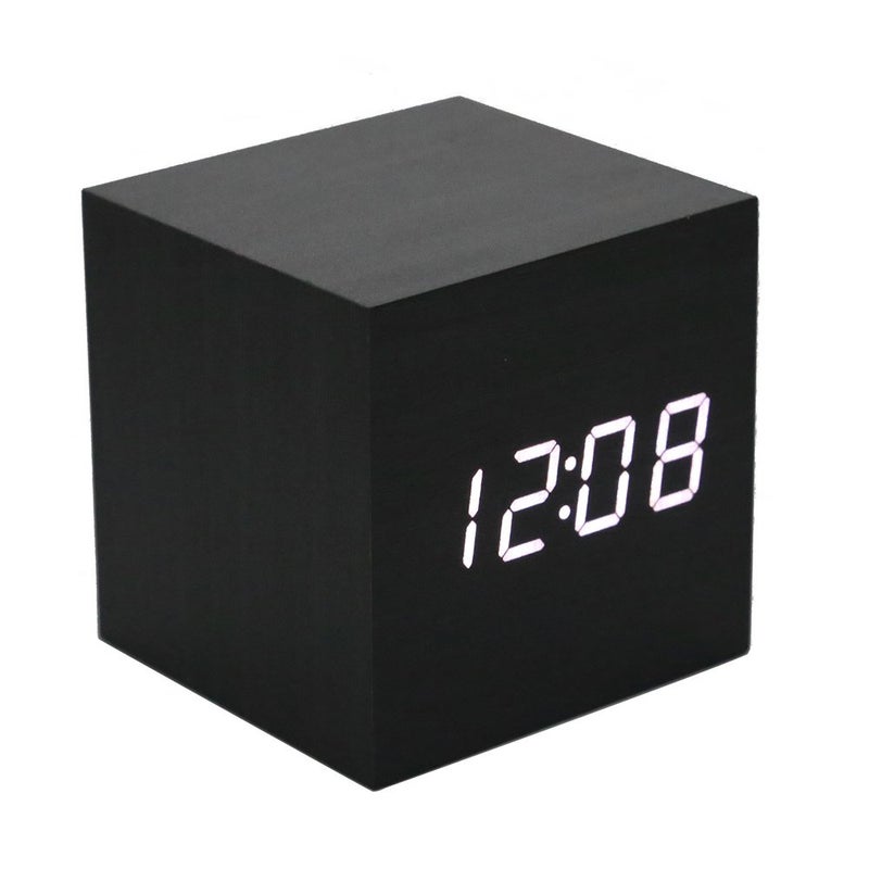 Lancoon Wooden Alarm Clock - Mini Cube LED Digital Clock with Time/Date/Temperature Display, 3 Levels Brightness and Voice Control Great for Home Office Travel - AC10Black_White - Image 1